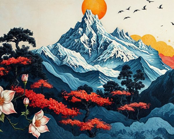 Vibrant Mountain Landscape with Colorful Flowers and Sun