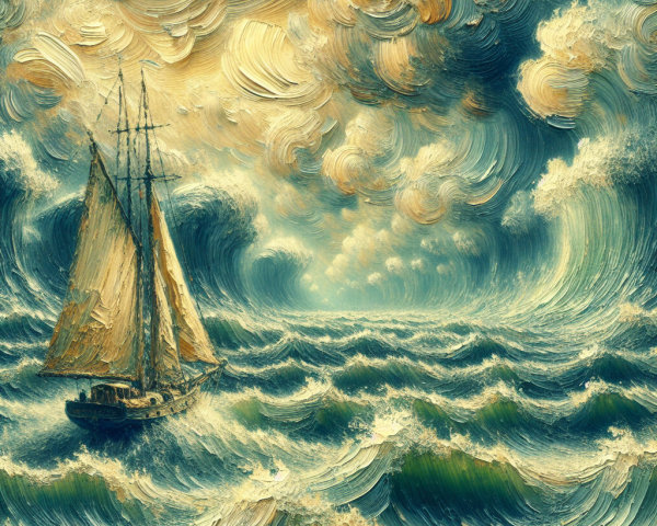 Vibrant Seascape with Sailing Ship and Dynamic Sky