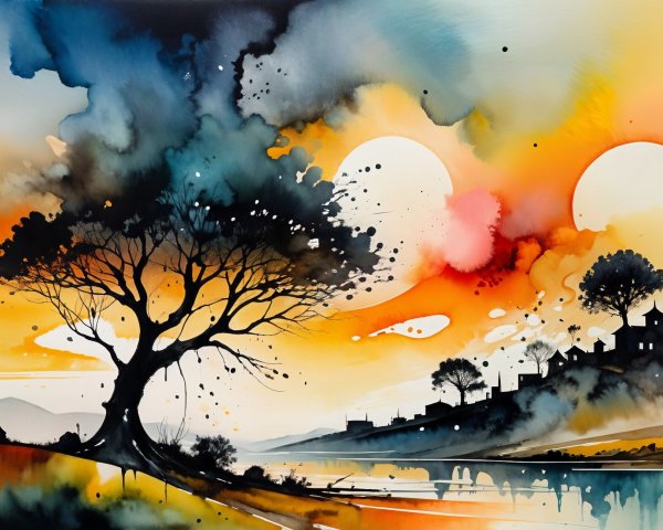 Vibrant Watercolor Landscape of Sunset River Scene