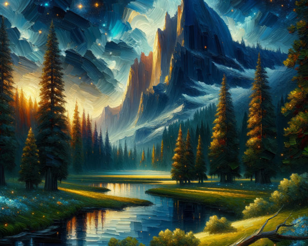 Tranquil River in Vibrant Pine Forest at Sunset