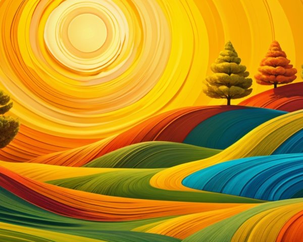 Vibrant Landscape with Colorful Hills and Trees