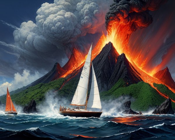Volcanic Eruption on a Lush Island with Sailboats