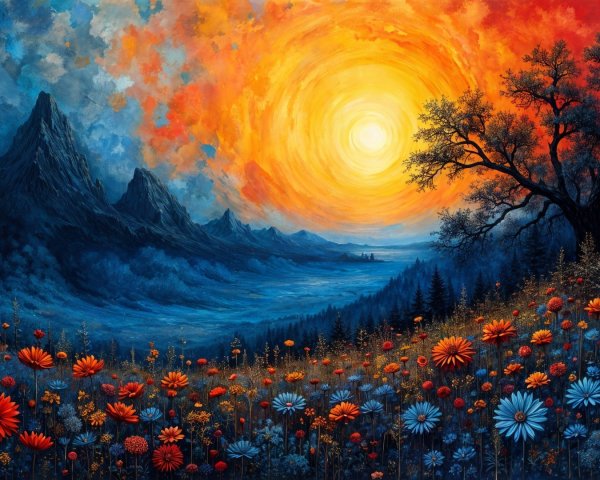 Vibrant Sunset Landscape with Colorful Meadow and Mountains