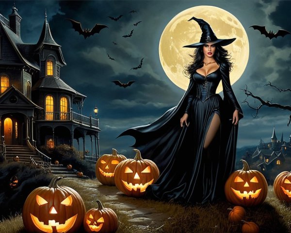 Witch in Black Gown by Haunted Mansion with Pumpkins