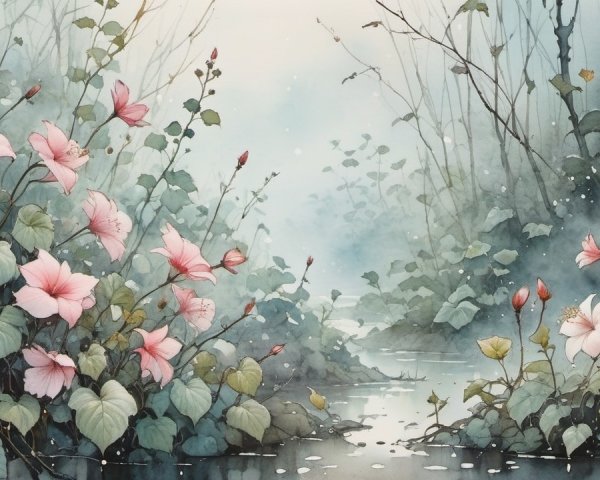 Serene Landscape with Pink Flowers and Tranquil Waterway