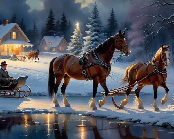 Winter Scene with Horses and Ornate Sleigh by River