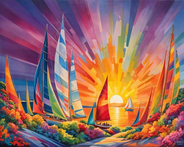 Vibrant Sunset Over a Serene Bay with Sailboats