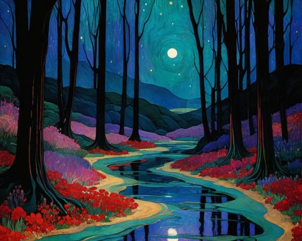 Tranquil Night Scene with Moonlit River and Trees