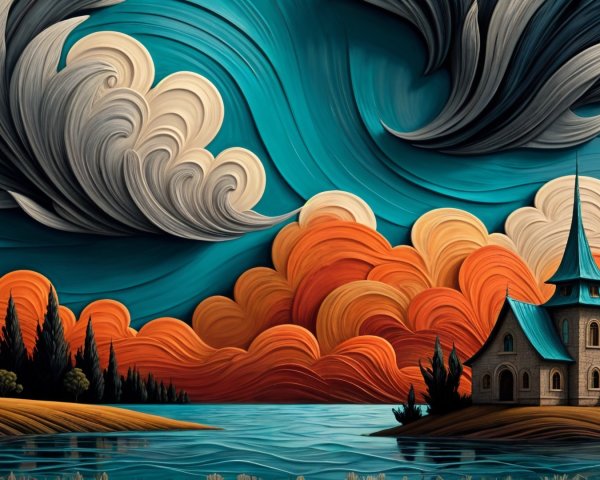 Serene Lake Landscape with Vibrant Clouds and Church