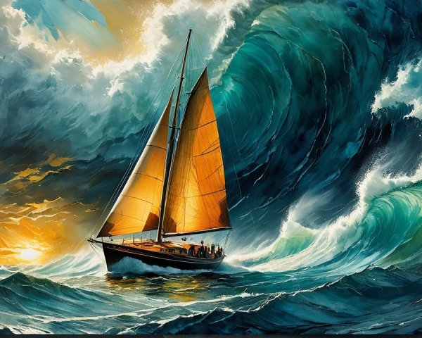 Vibrant Painting of Sailboat in Dramatic Ocean Scene