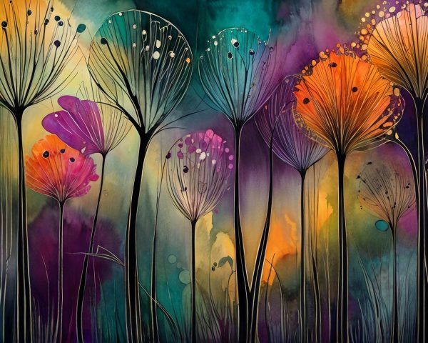Vibrant Abstract Landscape with Whimsical Flowers