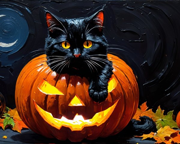 Black Cat on Carved Pumpkin in Halloween Setting
