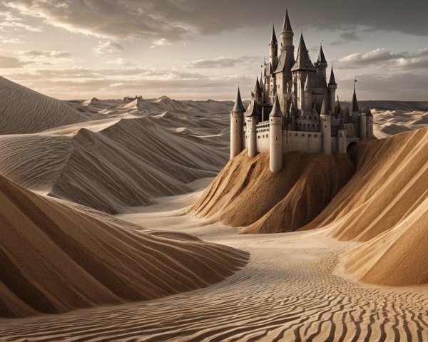 Castle Amidst Golden Sand Dunes and Soft Clouds
