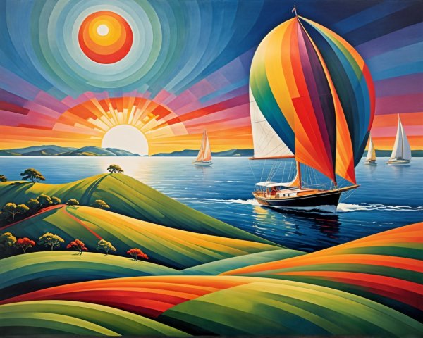 Vibrant Landscape with Hills, Water, and Hot Air Balloon