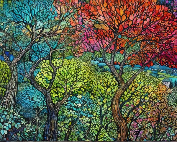 Colorful Abstract Landscape with Vibrant Trees