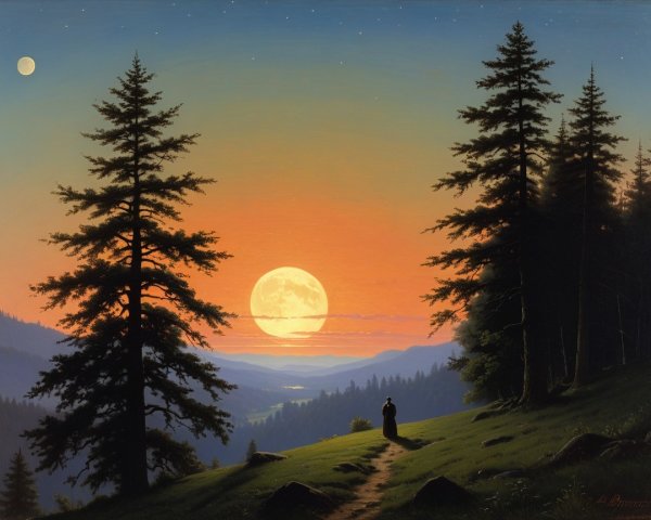 Vibrant Sunset and Moon Over Serene Landscape