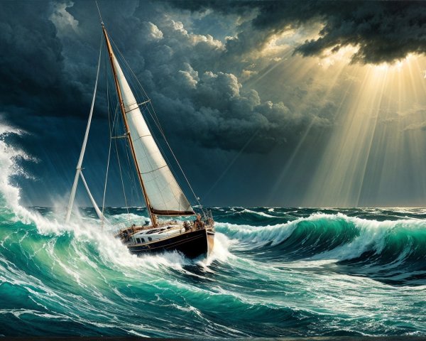Sailboat Navigating Turbulent Ocean Waves and Sky