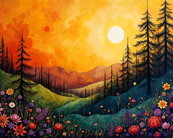 Vibrant Sunset Landscape with Colorful Hills and Trees
