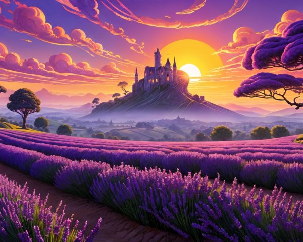 Vibrant sunset over a castle and lavender fields