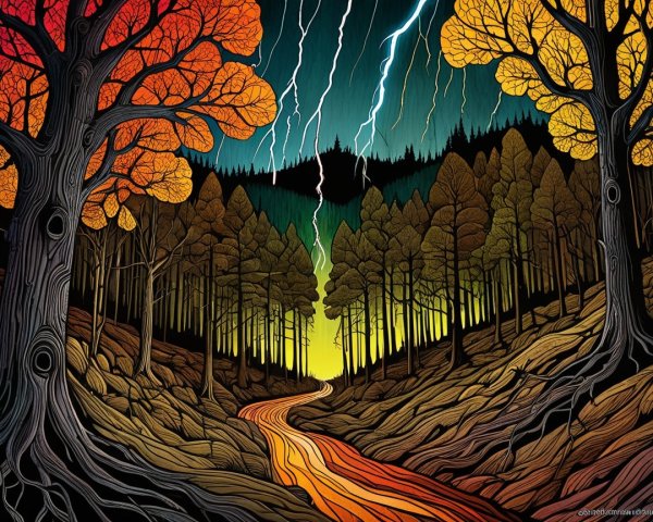 Vibrant Autumn Landscape with River and Lightning