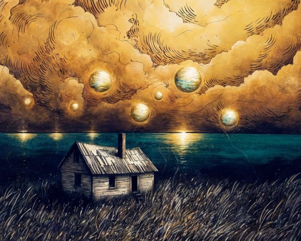 Weathered House by Tranquil Sea Under Dramatic Sky