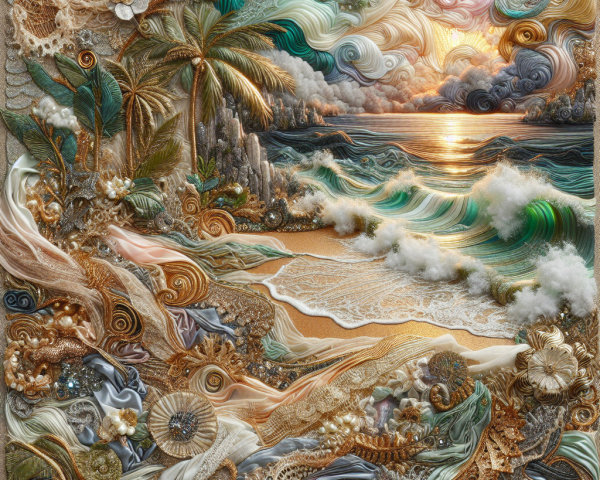 Coastal Scene with Waves, Palm Trees, and Sunset