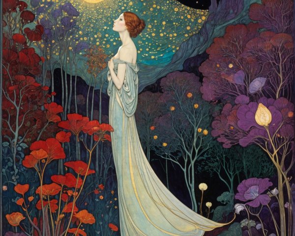 Serene Woman in Flowing Gown in Vibrant Garden Scene