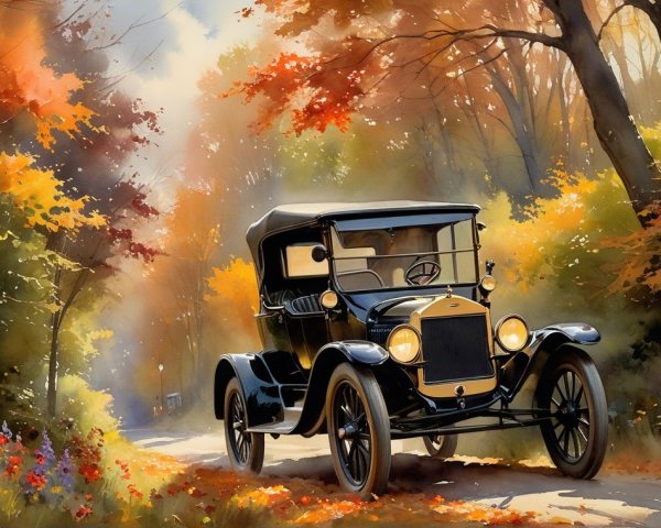 Vintage Car on Serene Autumn Road with Colorful Leaves