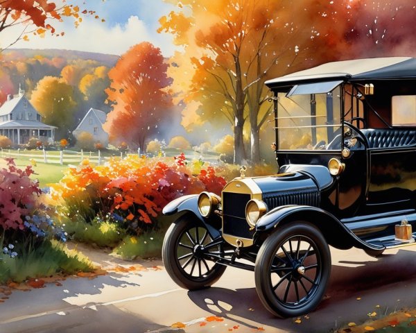 Vintage Black Car Amidst Autumn Foliage on Country Road