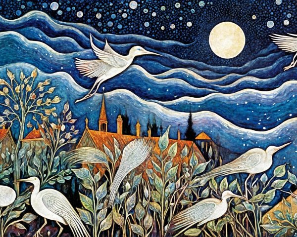 Moonlit Night Scene with Birds and Quaint Village