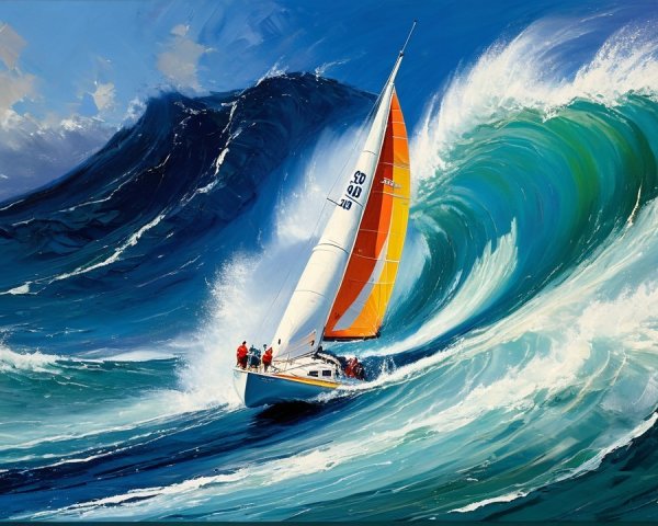 Vibrant Seascape with Sailboat and Towering Wave