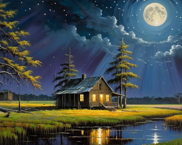 Serene Night Scene with Rustic Cabin and Moonlit Sky