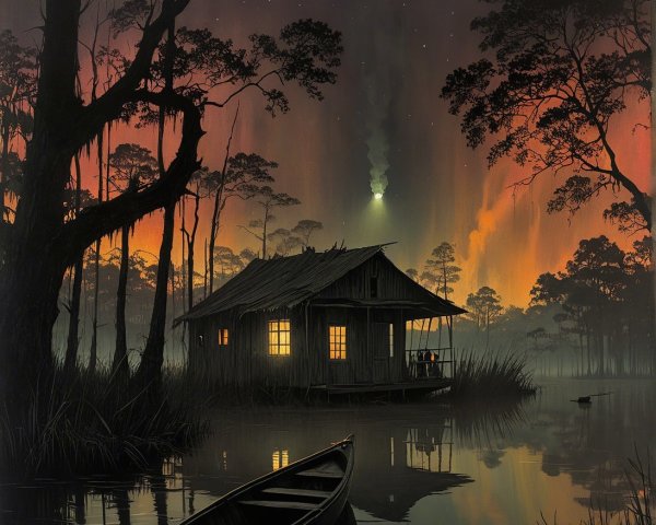 Serene Swamp Scene with Rustic Cabin at Dusk