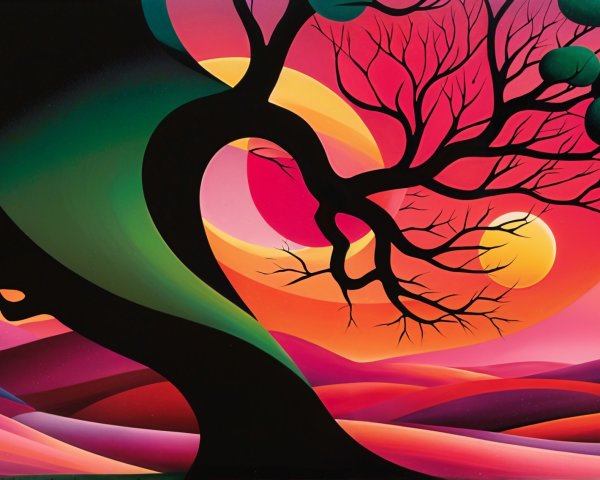 Surreal Landscape with Twisting Tree and Vibrant Skies