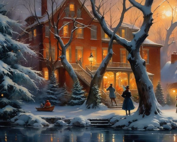 Winter Landscape with Red Houses and Snowy Trees