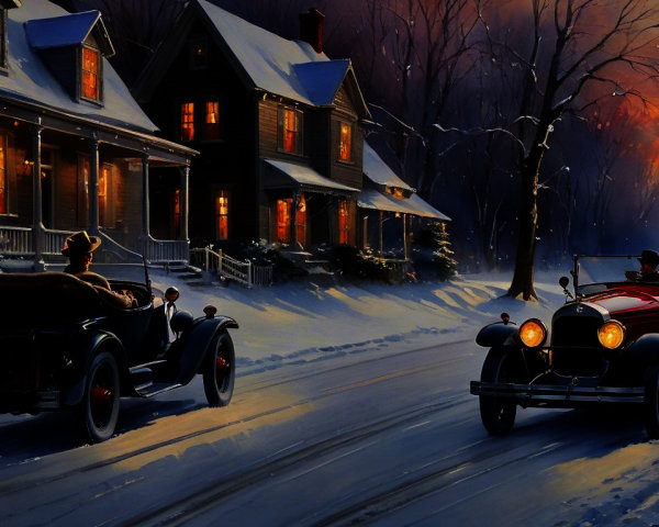 Panoramic Winter Scene with Vintage Cars and Snowy Town
