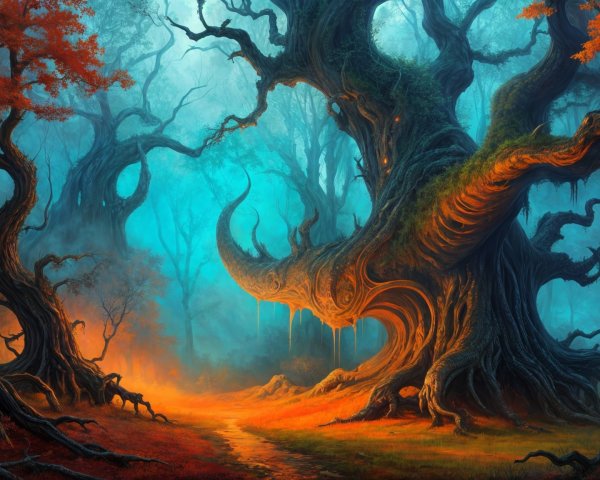 Fantastical forest with ethereal light and vibrant foliage