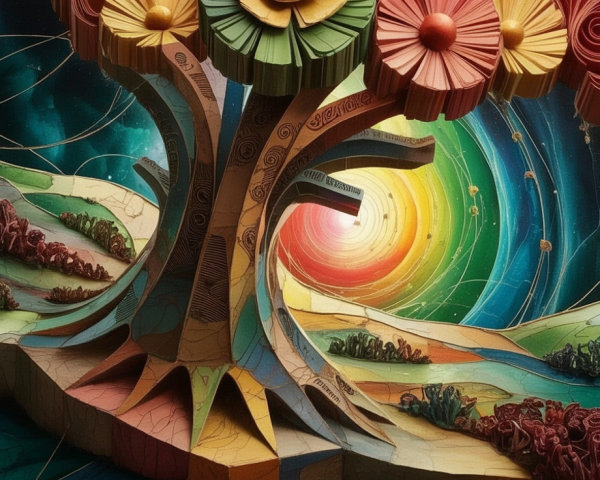 Vibrant Fantastical Landscape with Intricate Tree Design