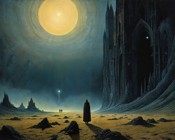 Surreal Landscape with Cloaked Figure and Gothic Structures