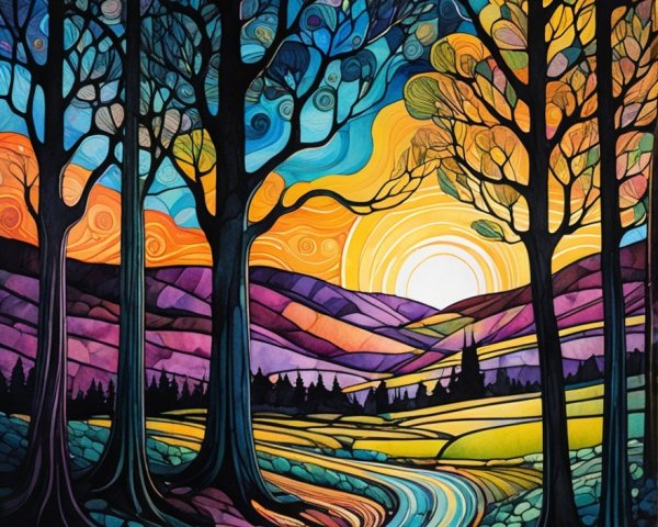 Vibrant Landscape with Winding River and Sunset Sky