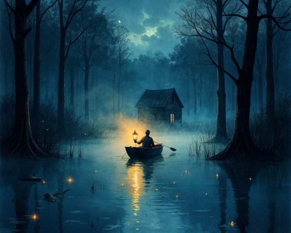 Moonlit Rowing Scene with Lantern and Fireflies