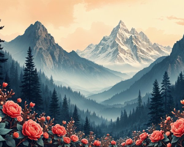 Mountain Landscape with Snowy Peaks and Roses