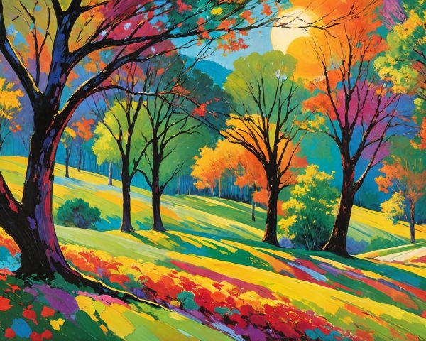 Autumn Landscape with Colorful Trees and Wildflowers