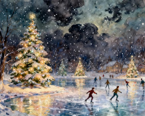 Vibrant Winter Scene with Ice Skating and Christmas Trees