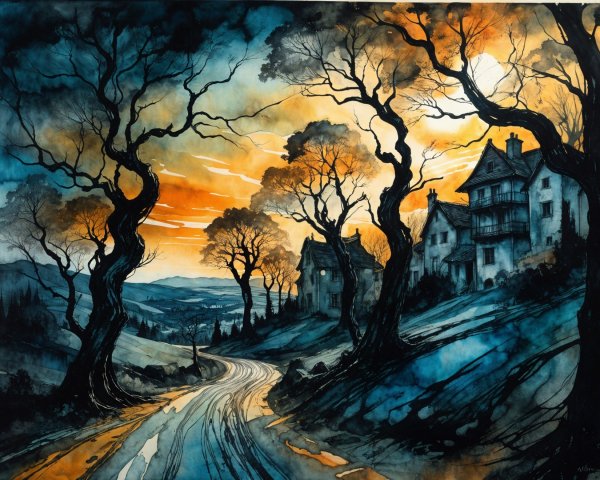 Winding Road Through Dark Landscape at Sunset