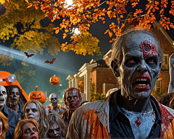 Zombies in a Spooky Halloween Night Scene