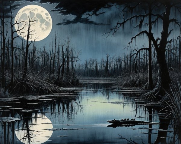 Tranquil Swamp Scene Under Full Moonlight