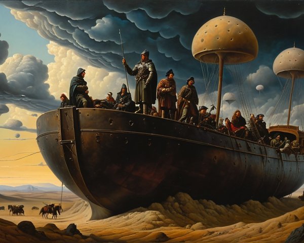 Massive Industrial Ship Over Desert Landscape with Airships