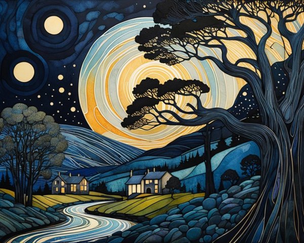 Stylized Night Landscape with River and Moonlight