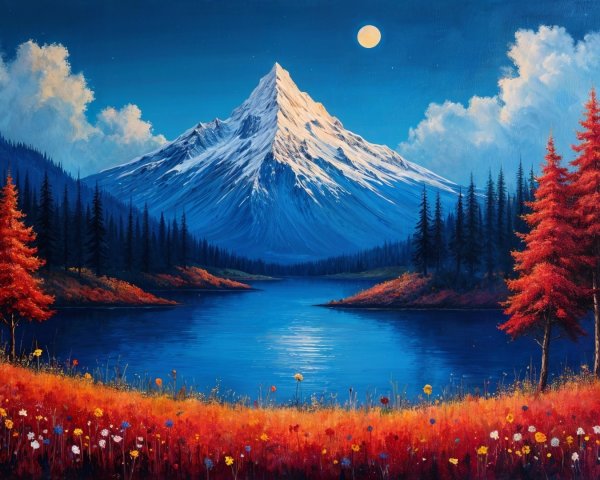 Vibrant Landscape with Snow-Capped Mountain and Lake